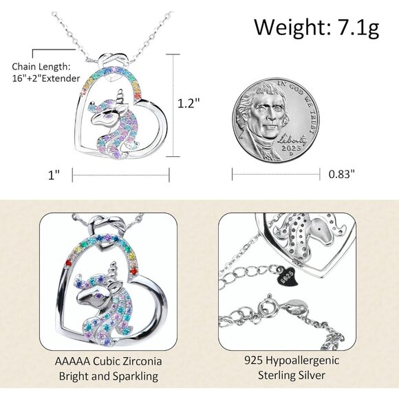 925 Sterling Silver Multicolored Trendy Unicorn Necklace for Women Girls Kids - Picture 6 of 7